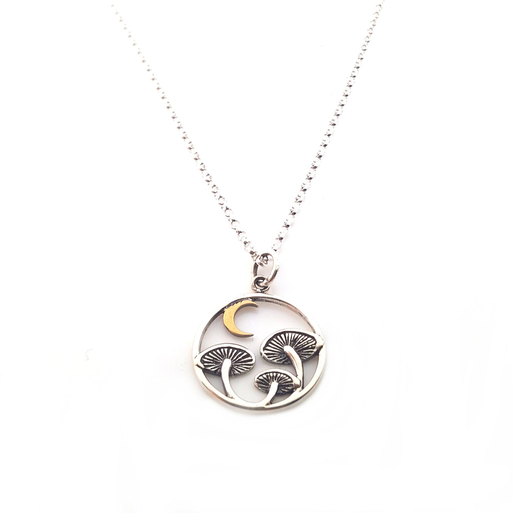 Sterling Silver Mushroom & Bronze Moon Necklace – Woodland Witchy Jewelry