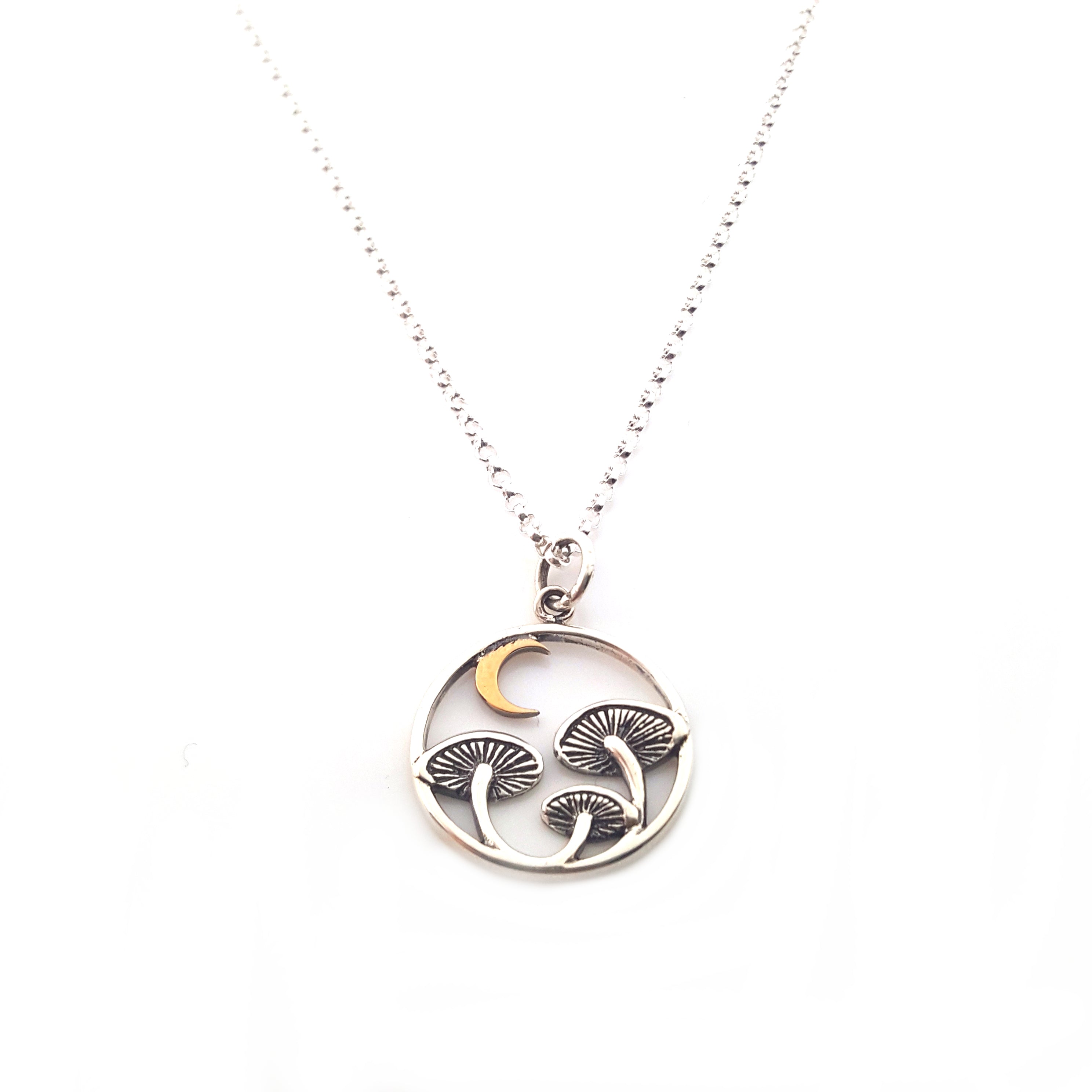 Sterling Silver Mushroom & Bronze Moon Necklace – Woodland Witchy Jewelry