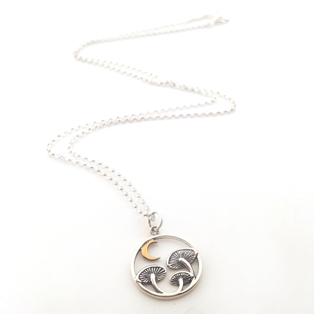 Sterling Silver Mushroom & Bronze Moon Necklace – Woodland Witchy Jewelry