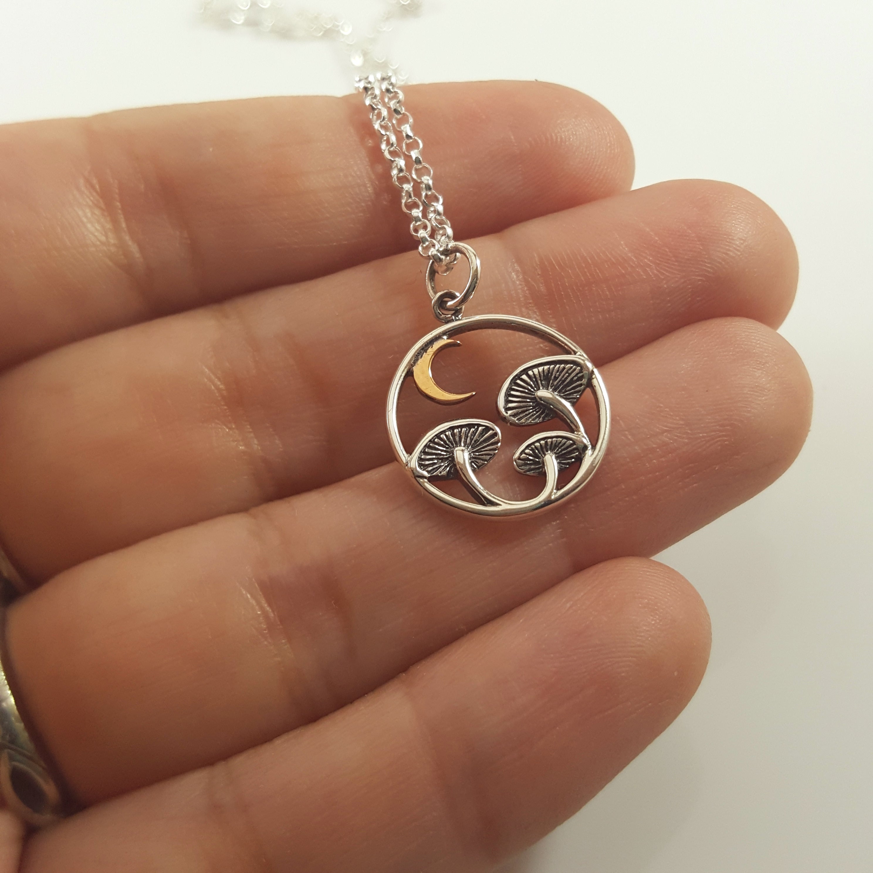 Sterling Silver Mushroom & Bronze Moon Necklace – Woodland Witchy Jewelry