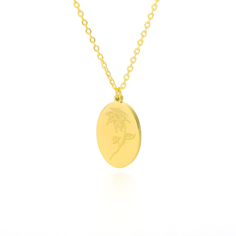 Birth Mother Flower Neckalce New Month Necklace For Mom Gold Color Oval Pendant Necklace