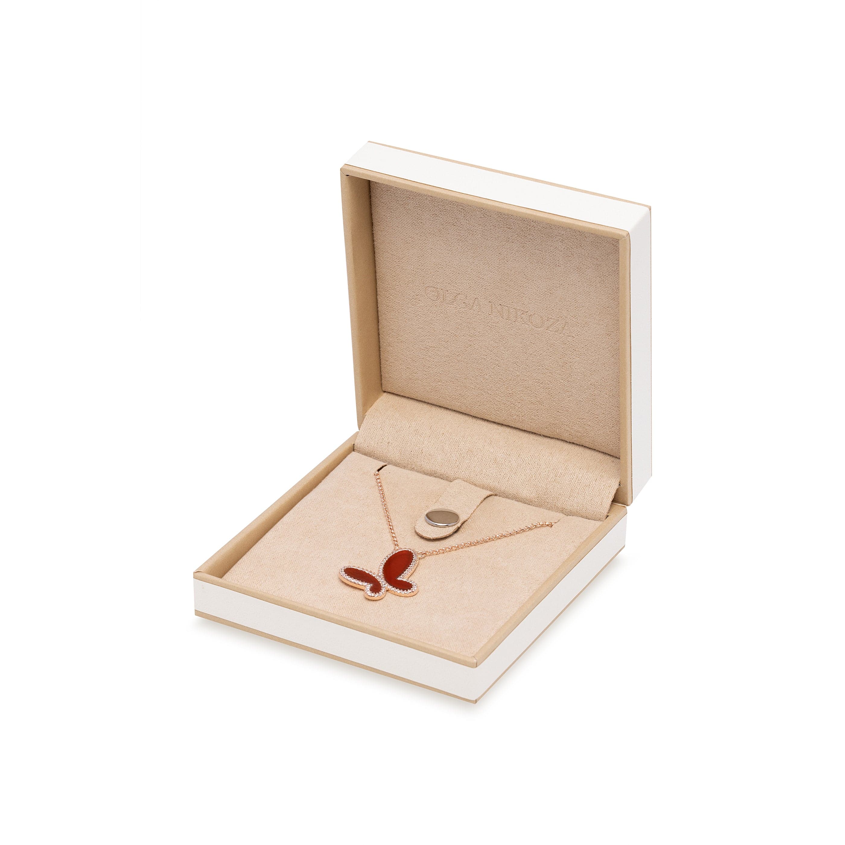 Red Agate w/ 18k Gold & Cubic Zirconia Butterfly Necklace Jewelry